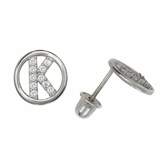 14K Solid White Gold 8mm Letter Initial Halo CZ Stud Alphabet Earrings - Picture 9 of 16